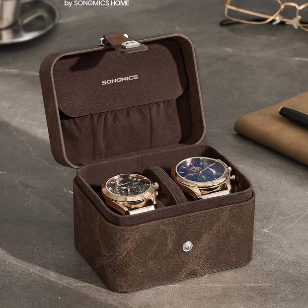 Watch Travel Case – Faux Leather – Ink Black – Two Slots with Hidden Storage Pillow