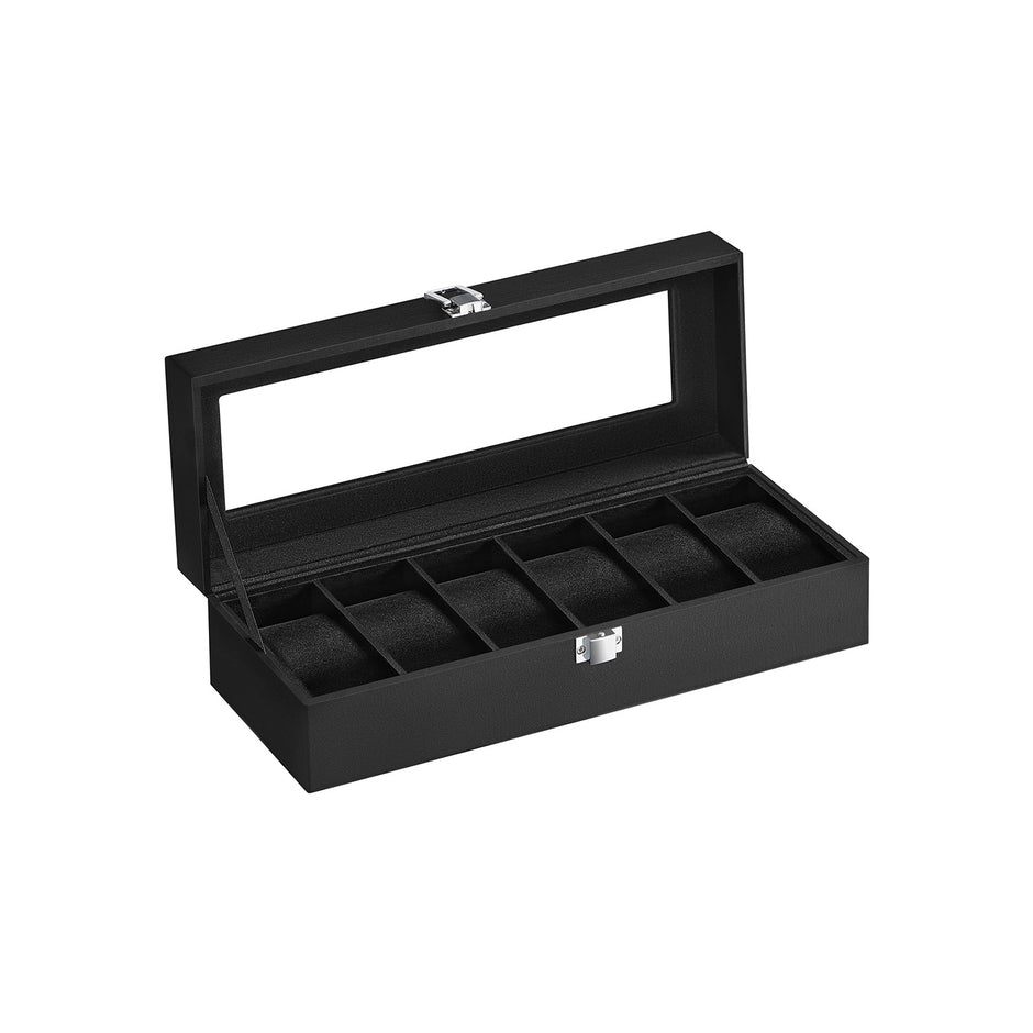 Watch Box – Velvet – Black – 6-Slot with Glass Top and Lock