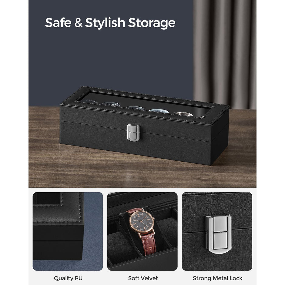 Watch Box – Velvet – Black – Glass Lid with Lock and Cushions, 6 Slots