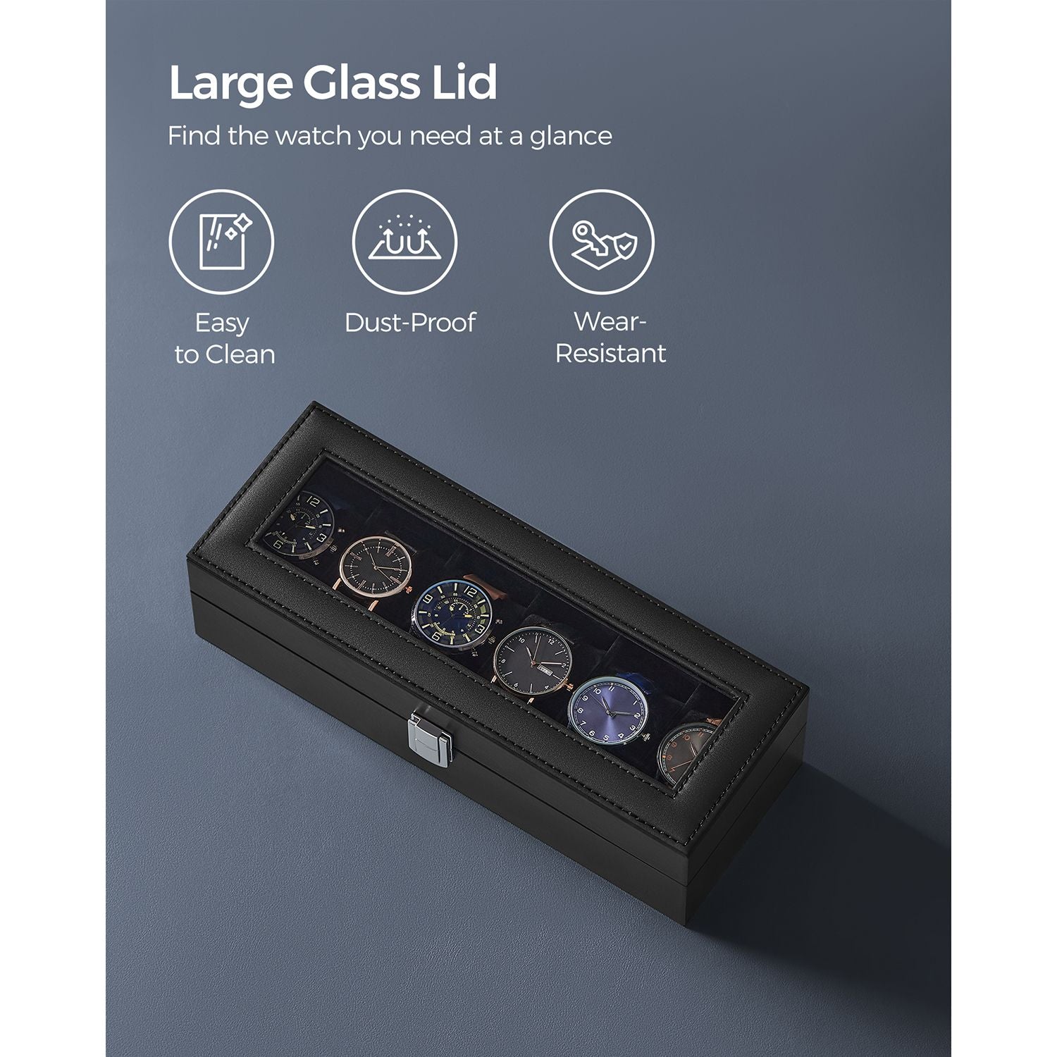 Watch Box – Velvet – Black – Glass Lid with Lock and Cushions, 6 Slots
