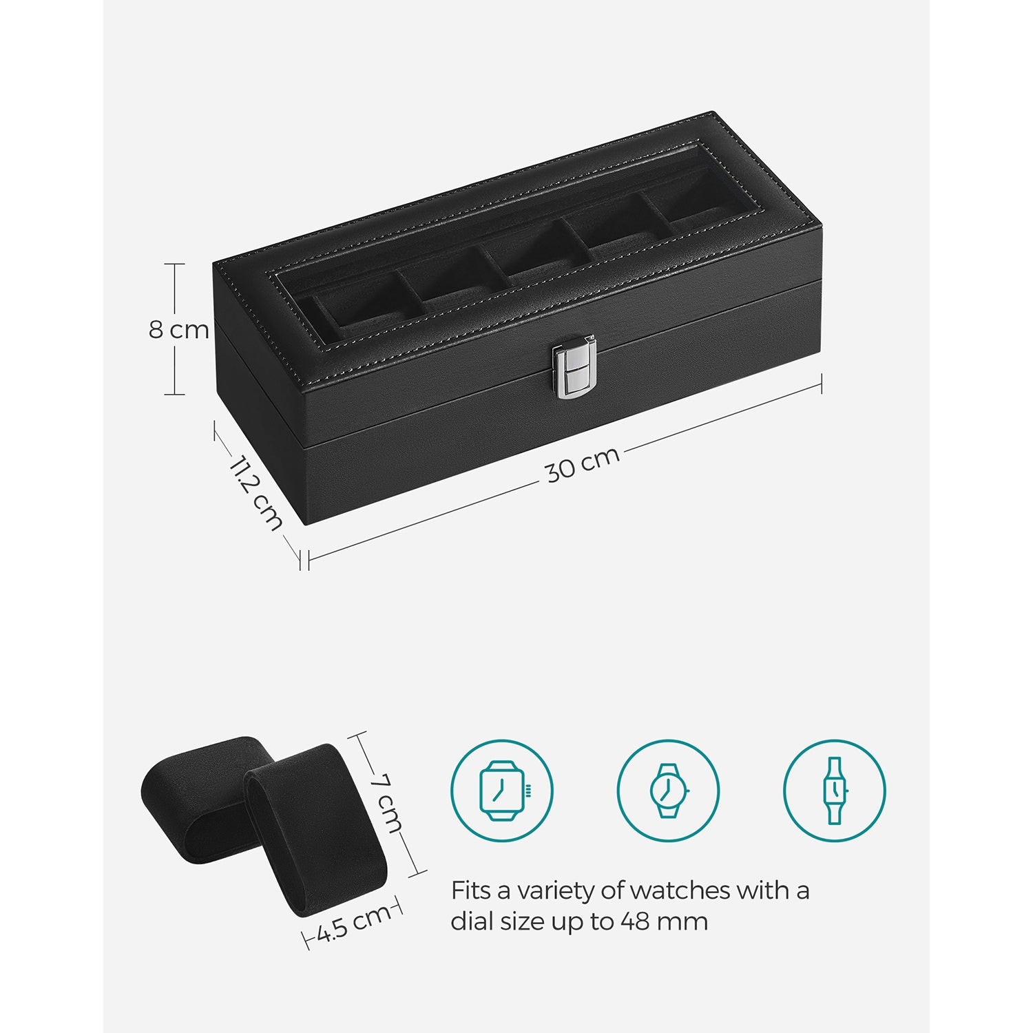 Watch Box – Velvet – Black – Glass Lid with Lock and Cushions, 6 Slots