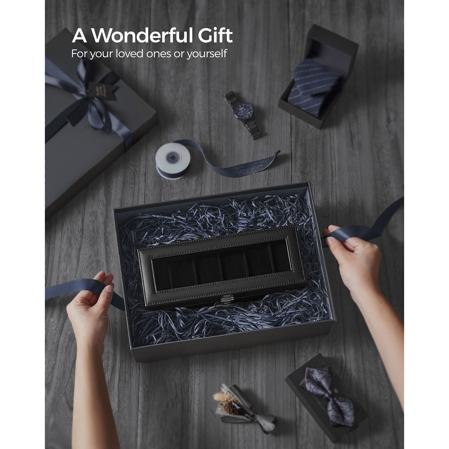 Watch Box – Velvet – Black – Glass Lid with Lock and Cushions, 6 Slots