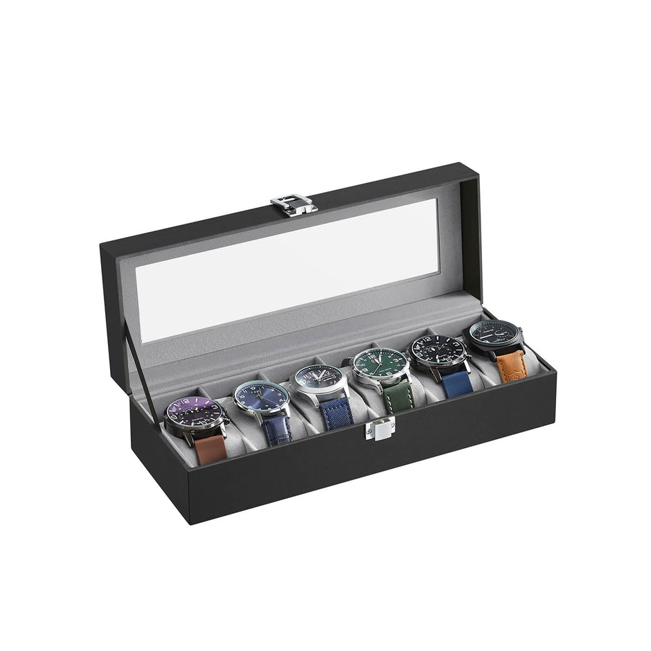 Watch Box – Velvet – Black – 6-Slot with Glass Top and Lock