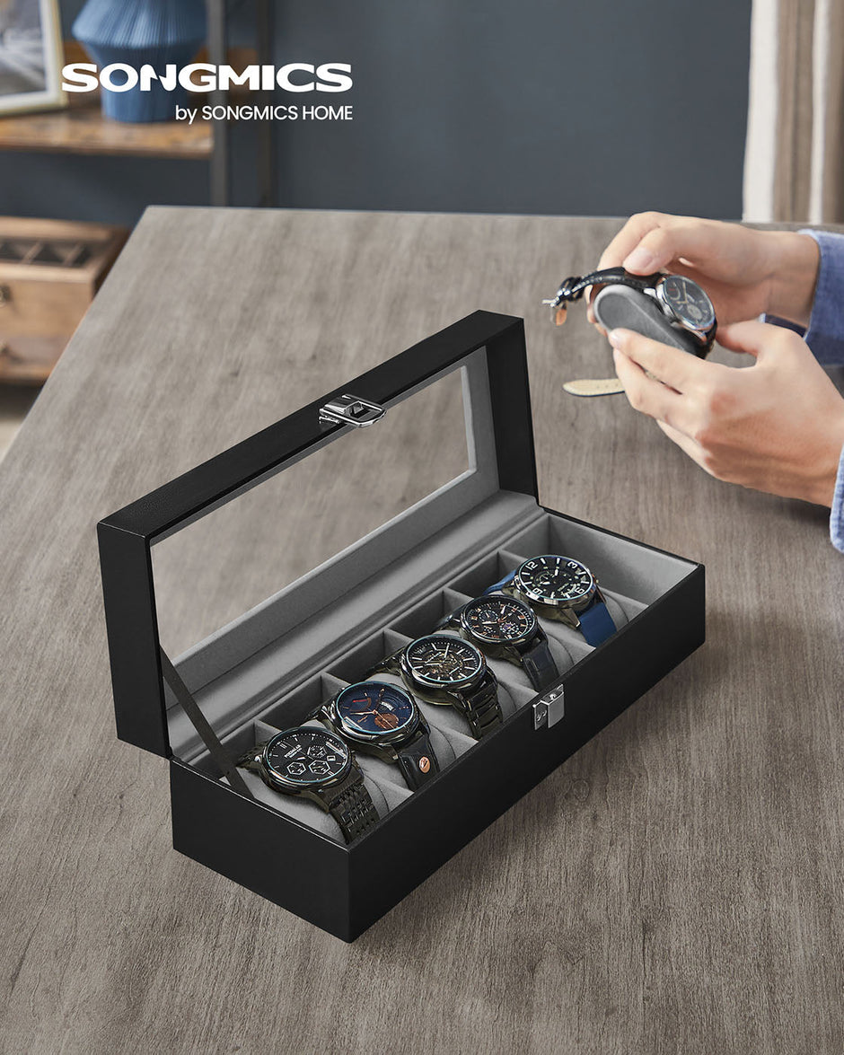 Watch Box – Velvet – Black – 6-Slot with Glass Top and Lock