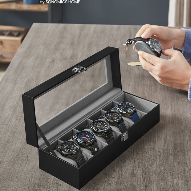 Watch Box – Velvet – Black – 6-Slot with Glass Top and Lock