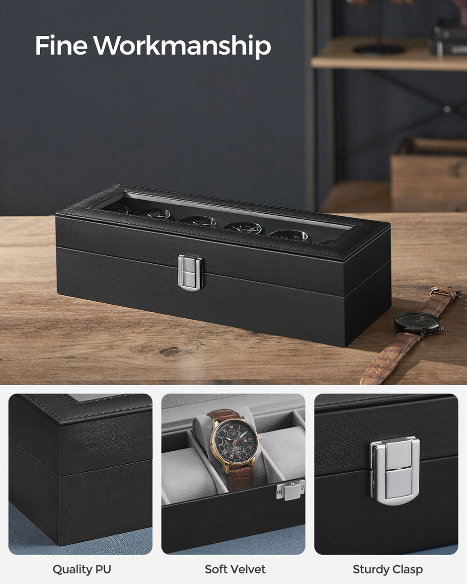 Watch Box – Velvet – Black – 6-Slot with Glass Top and Lock