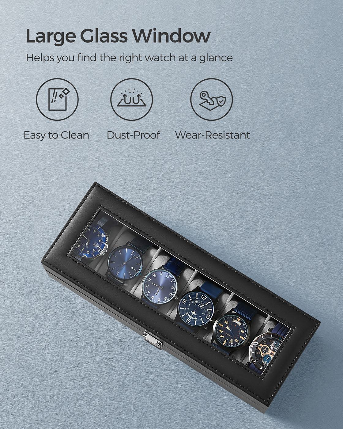 Watch Box – Velvet – Black – 6-Slot with Glass Top and Lock