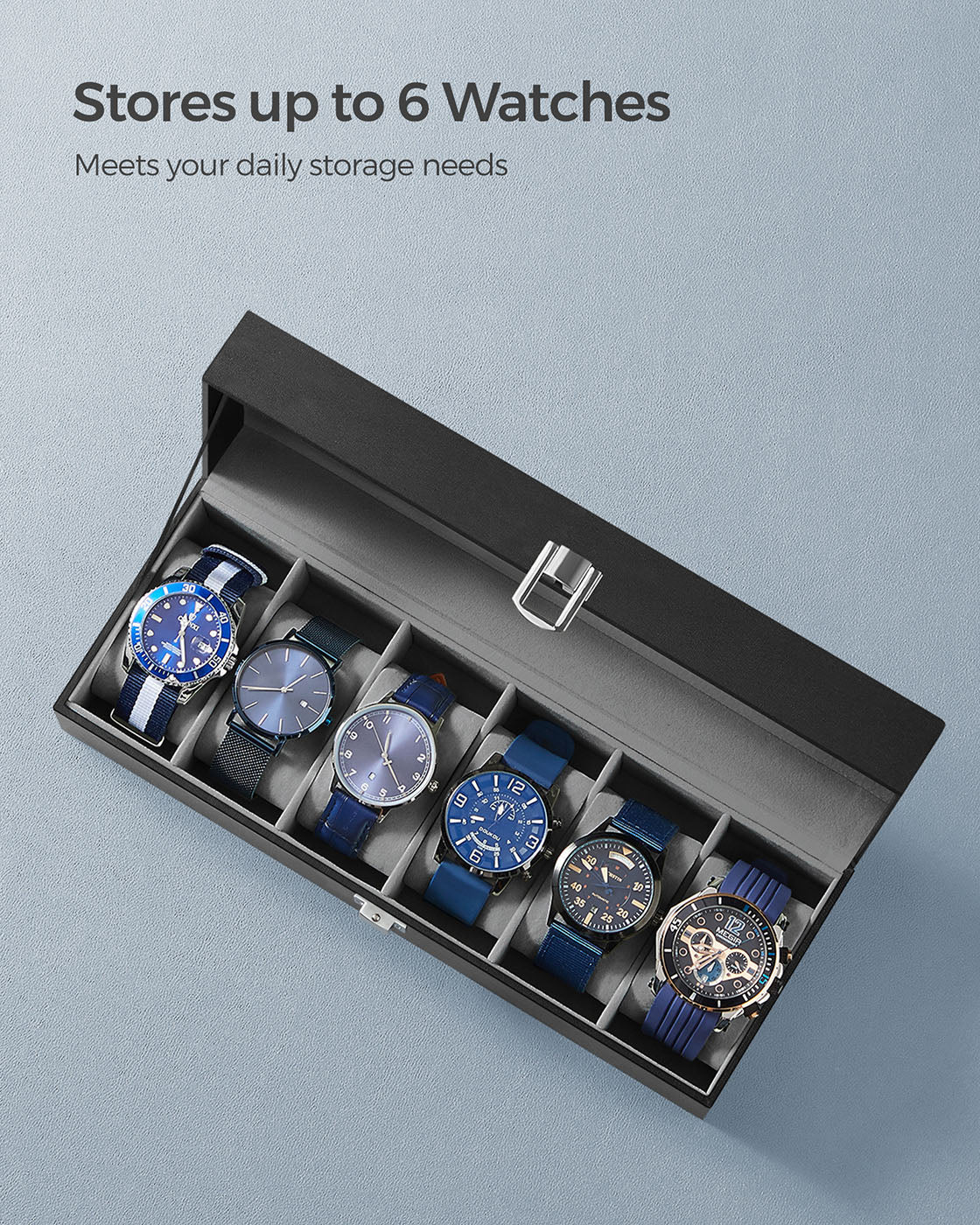 Watch Box – Velvet – Black – 6-Slot with Glass Top and Lock