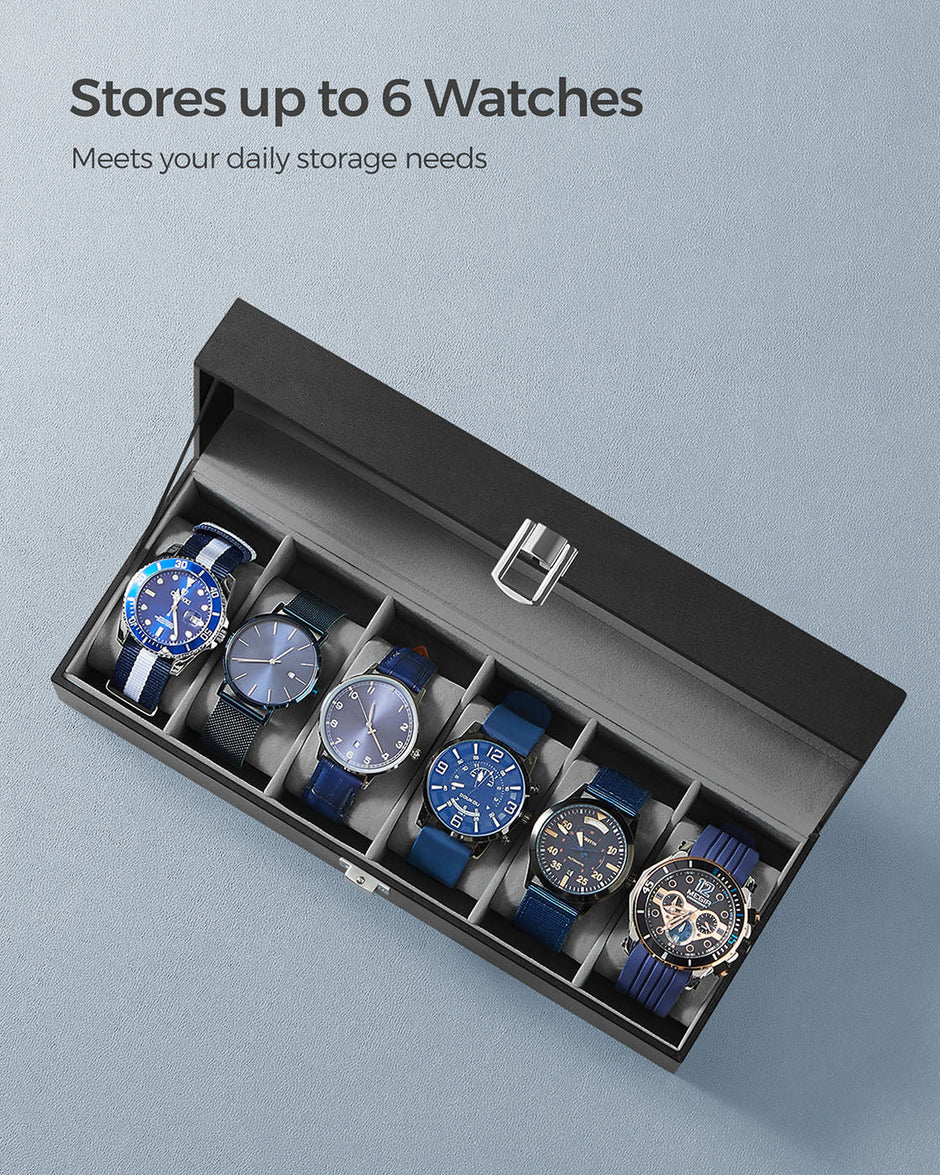 Watch Box – Velvet – Black – 6-Slot with Glass Top and Lock