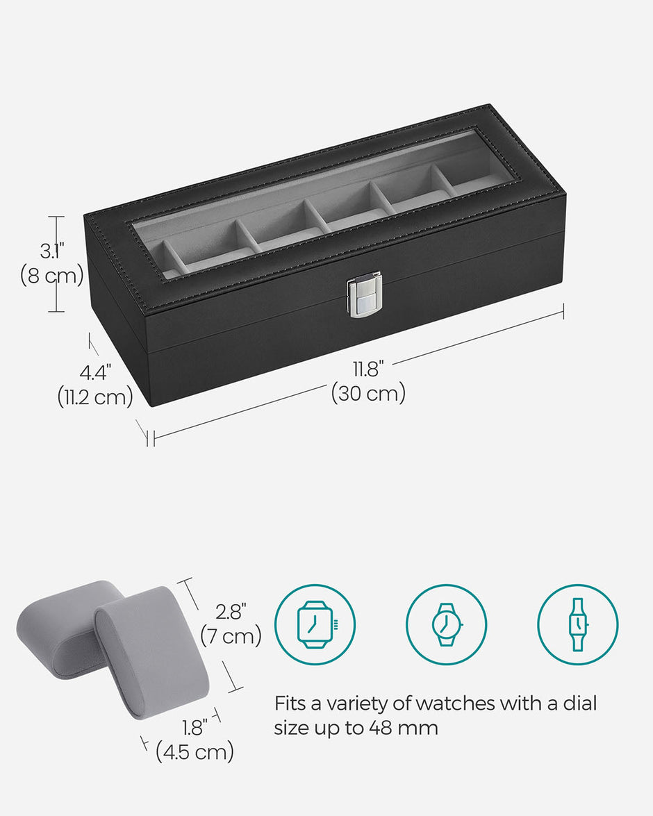 Watch Box – Velvet – Black – 6-Slot with Glass Top and Lock
