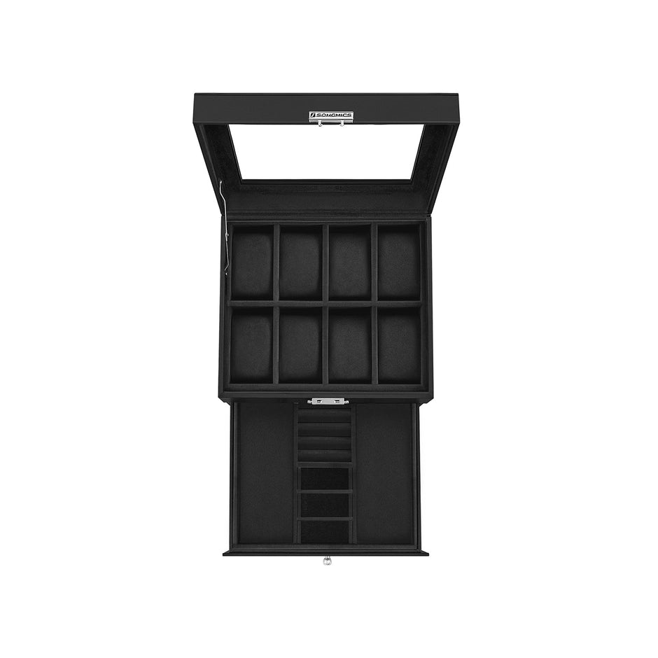 2-Tier Watch Box – Wood – Ink Black – Glass Lid and Bracelet Tray for 8 Watches