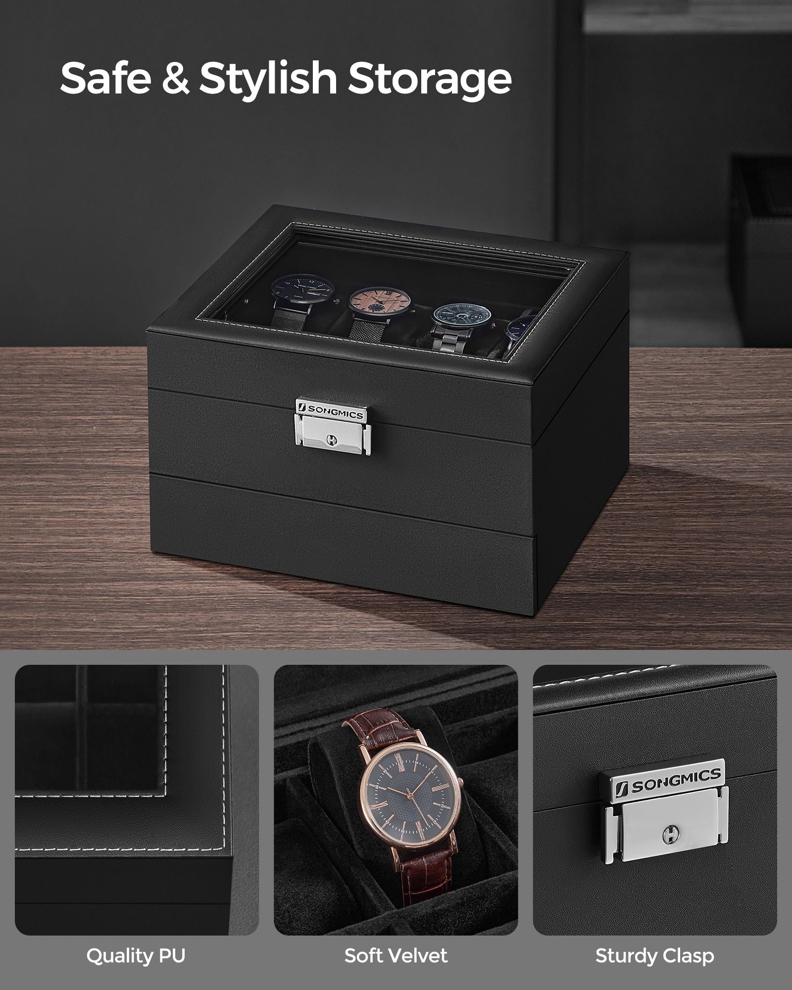 2-Tier Watch Box – Wood – Ink Black – Glass Lid and Bracelet Tray for 8 Watches