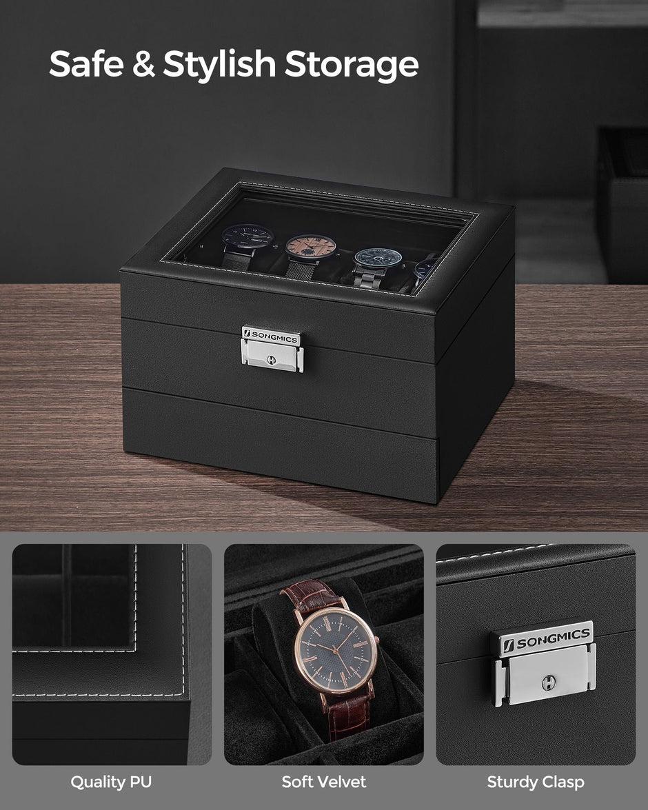 2-Tier Watch Box – Wood – Ink Black – Glass Lid and Bracelet Tray for 8 Watches