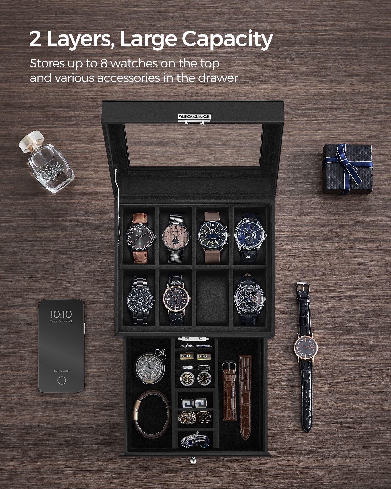 2-Tier Watch Box – Wood – Ink Black – Glass Lid and Bracelet Tray for 8 Watches