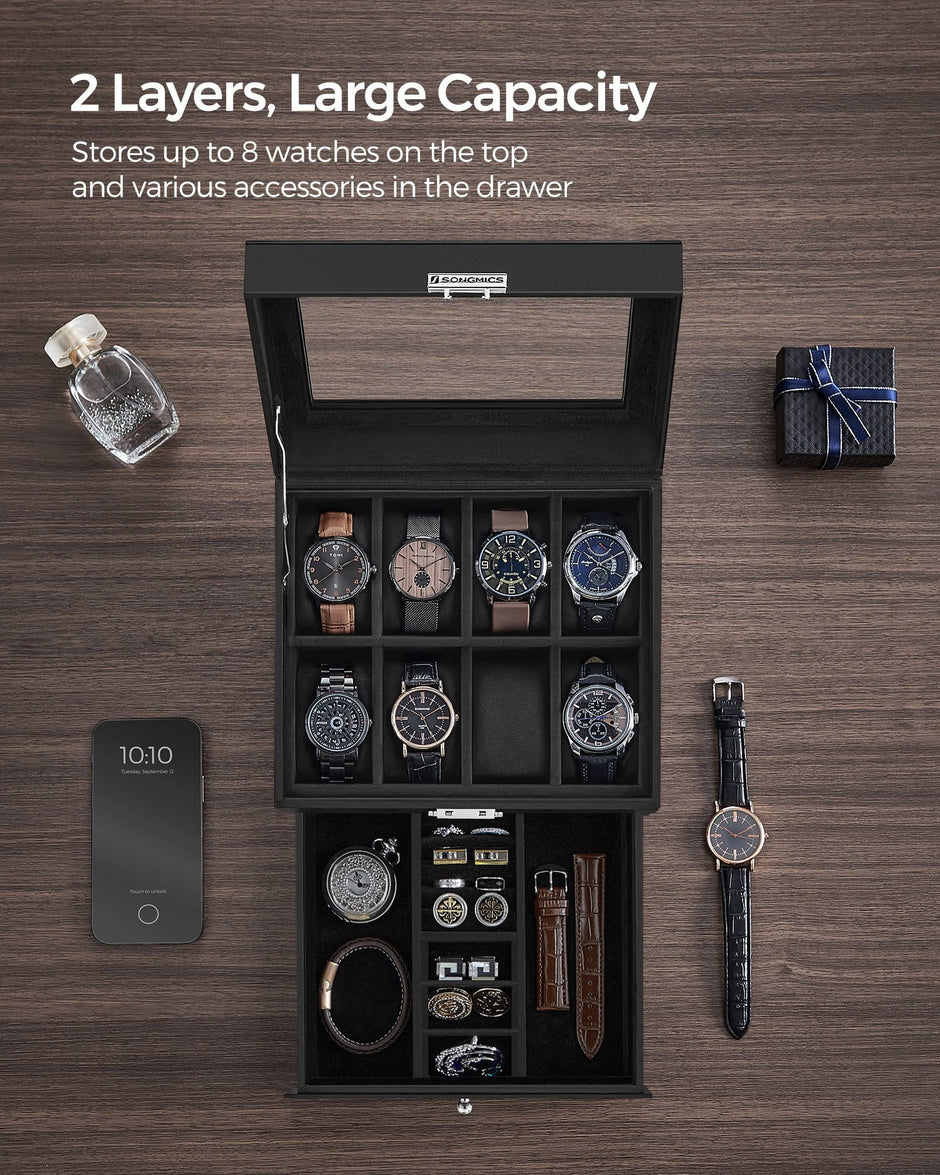 2-Tier Watch Box – Wood – Ink Black – Glass Lid and Bracelet Tray for 8 Watches