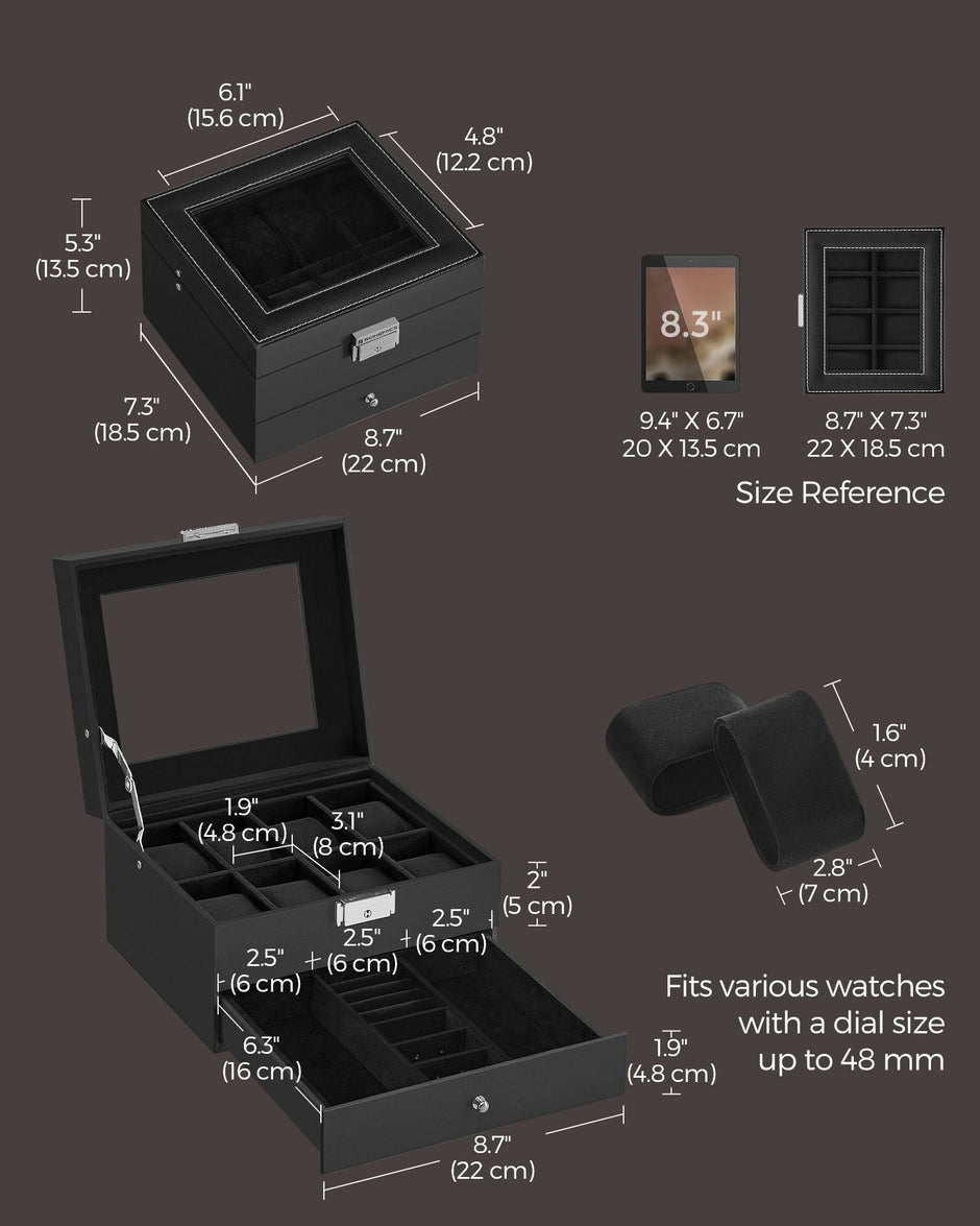 2-Tier Watch Box – Wood – Ink Black – Glass Lid and Bracelet Tray for 8 Watches