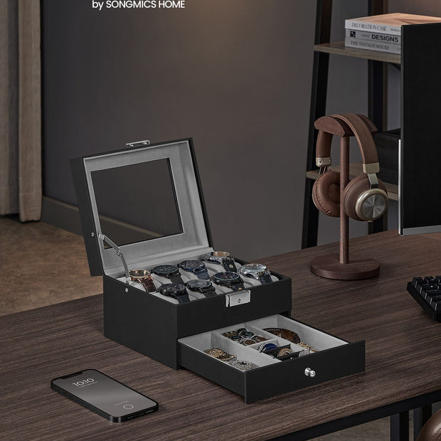 Watch Box – Glass – Ink Black and Greenish Grey – 2 Layers with Lock and Bracelet Tray
