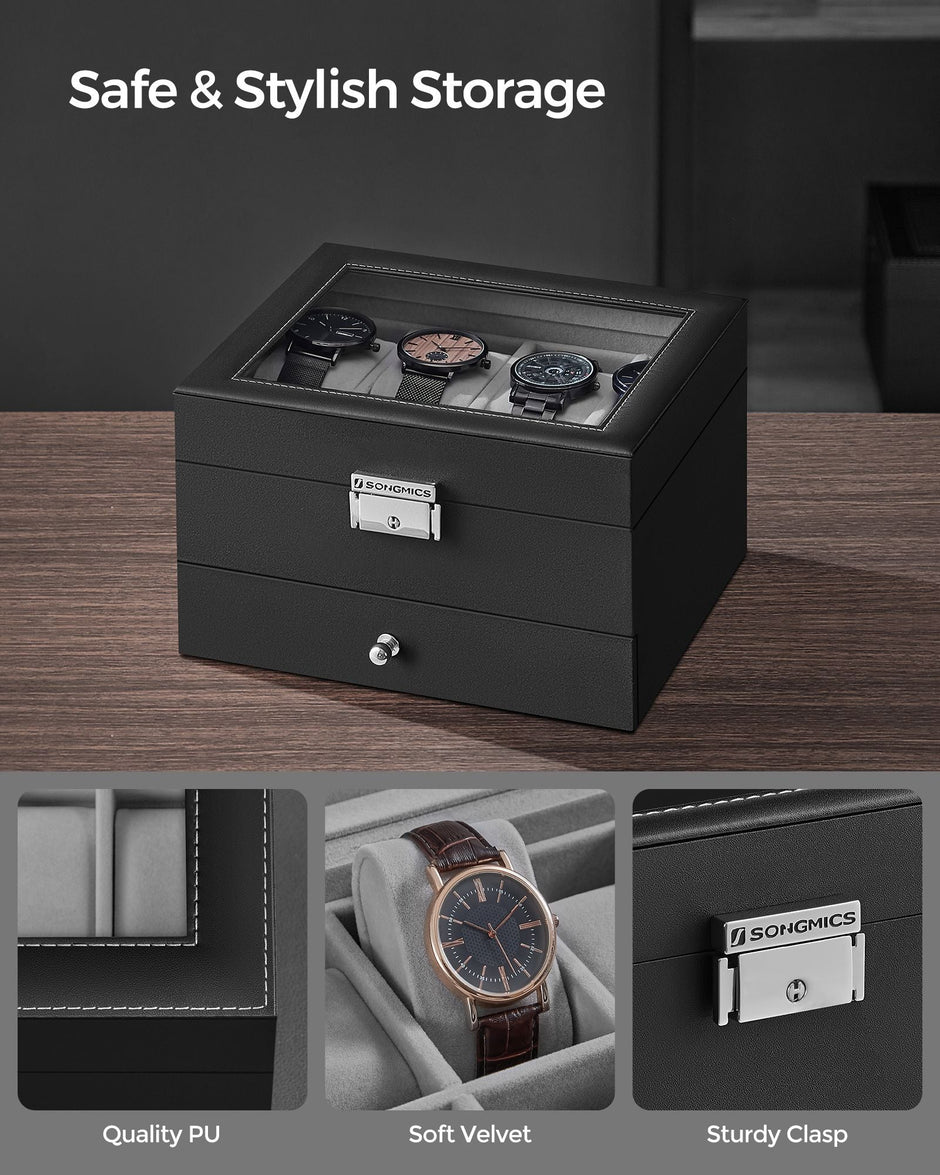 Watch Box – Glass – Ink Black and Greenish Grey – 2 Layers with Lock and Bracelet Tray