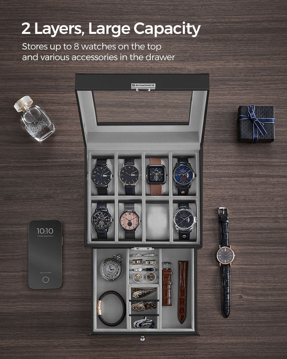 Watch Box – Glass – Ink Black and Greenish Grey – 2 Layers with Lock and Bracelet Tray