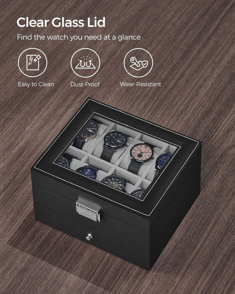 Watch Box – Glass – Ink Black and Greenish Grey – 2 Layers with Lock and Bracelet Tray