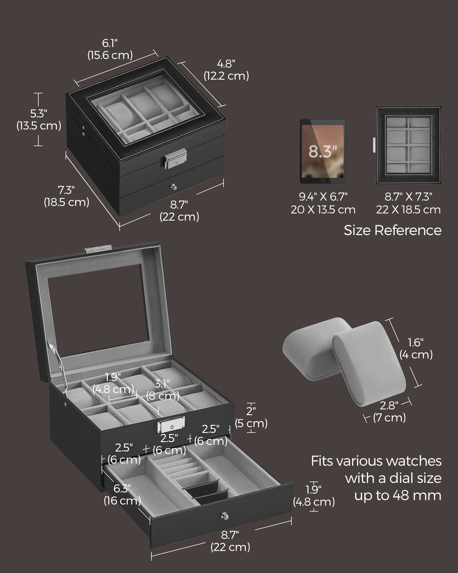 Watch Box – Glass – Ink Black and Greenish Grey – 2 Layers with Lock and Bracelet Tray