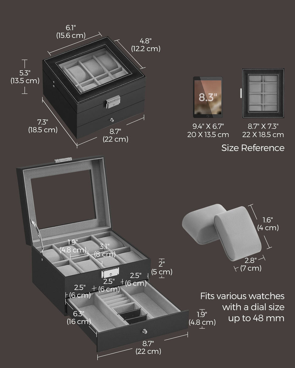 Watch Box – Glass – Ink Black and Greenish Grey – 2 Layers with Lock and Bracelet Tray