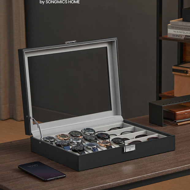 Watch Box – Synthetic Leather – Ink Black/Dove Gray – Lockable with Glass Lid and 24 Slots