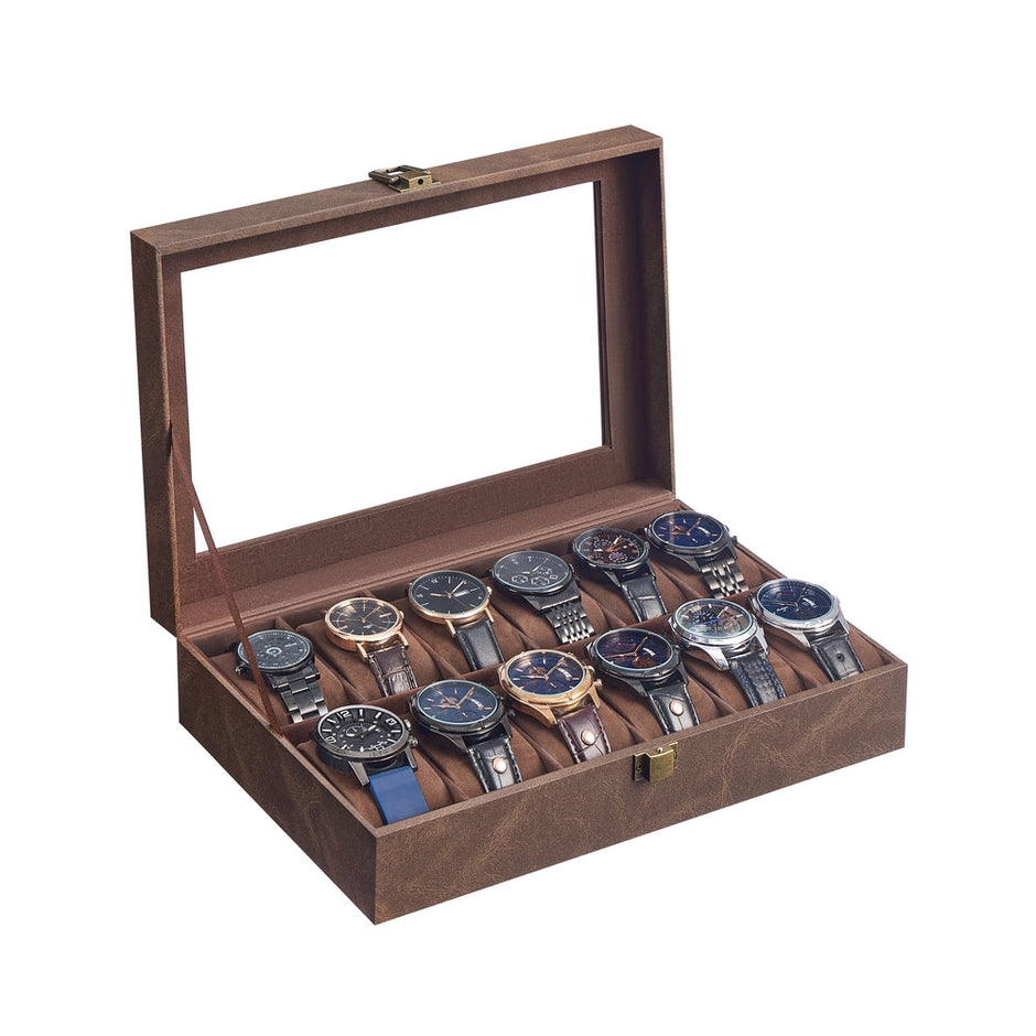 Watch Box – Synthetic Leather – Coffee Brown – 12 Slots with Removable Pillows and Glass Lid