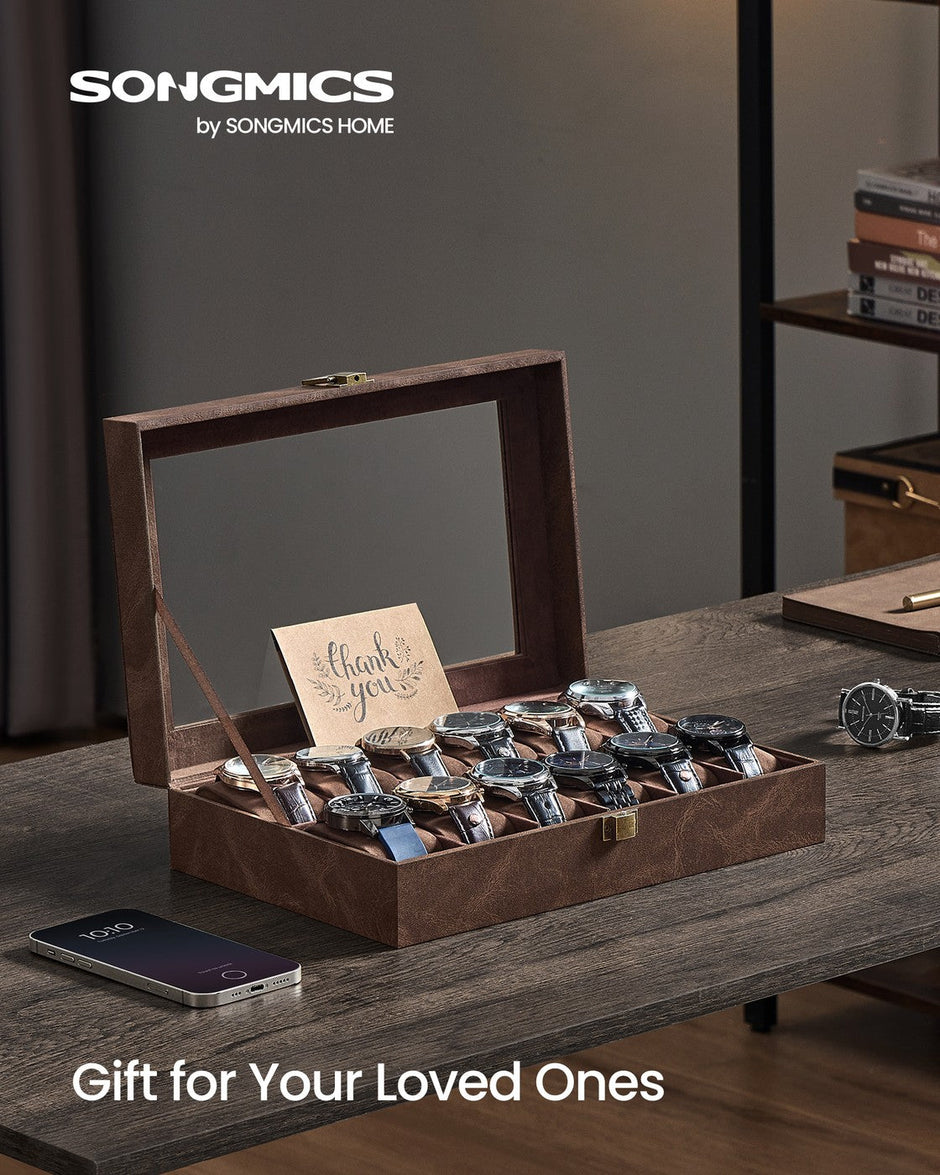 Watch Box – Synthetic Leather – Coffee Brown – 12 Slots with Removable Pillows and Glass Lid