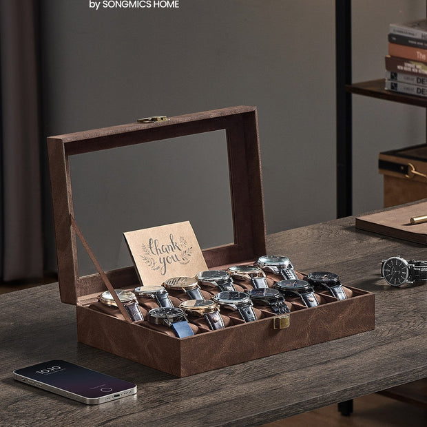 Watch Box – Synthetic Leather – Coffee Brown – 12 Slots with Removable Pillows and Glass Lid