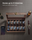 Watch Box – Synthetic Leather – Coffee Brown – 12 Slots with Removable Pillows and Glass Lid