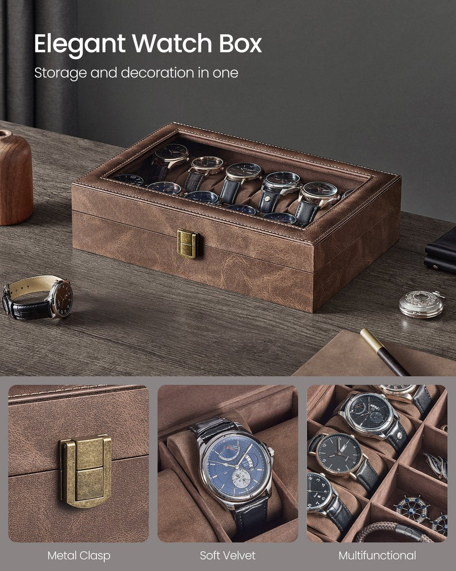 Watch Box – Synthetic Leather – Coffee Brown – 12 Slots with Removable Pillows and Glass Lid