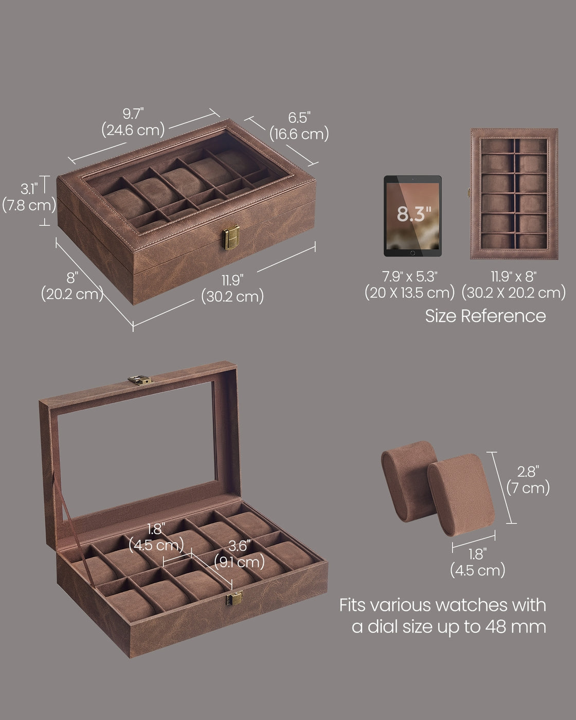 Watch Box – Synthetic Leather – Coffee Brown – 12 Slots with Removable Pillows and Glass Lid