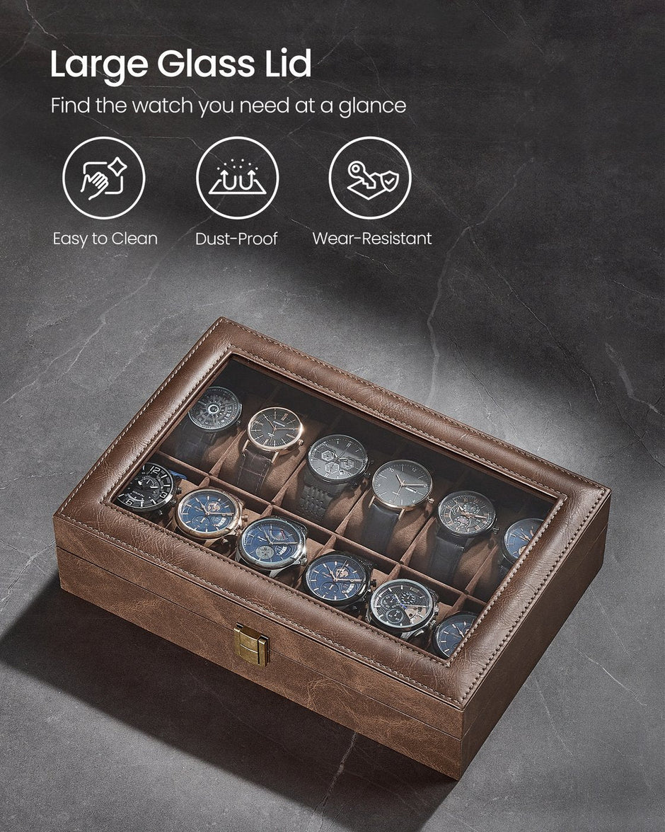 Watch Box – Synthetic Leather – Coffee Brown – 12 Slots with Removable Pillows and Glass Lid