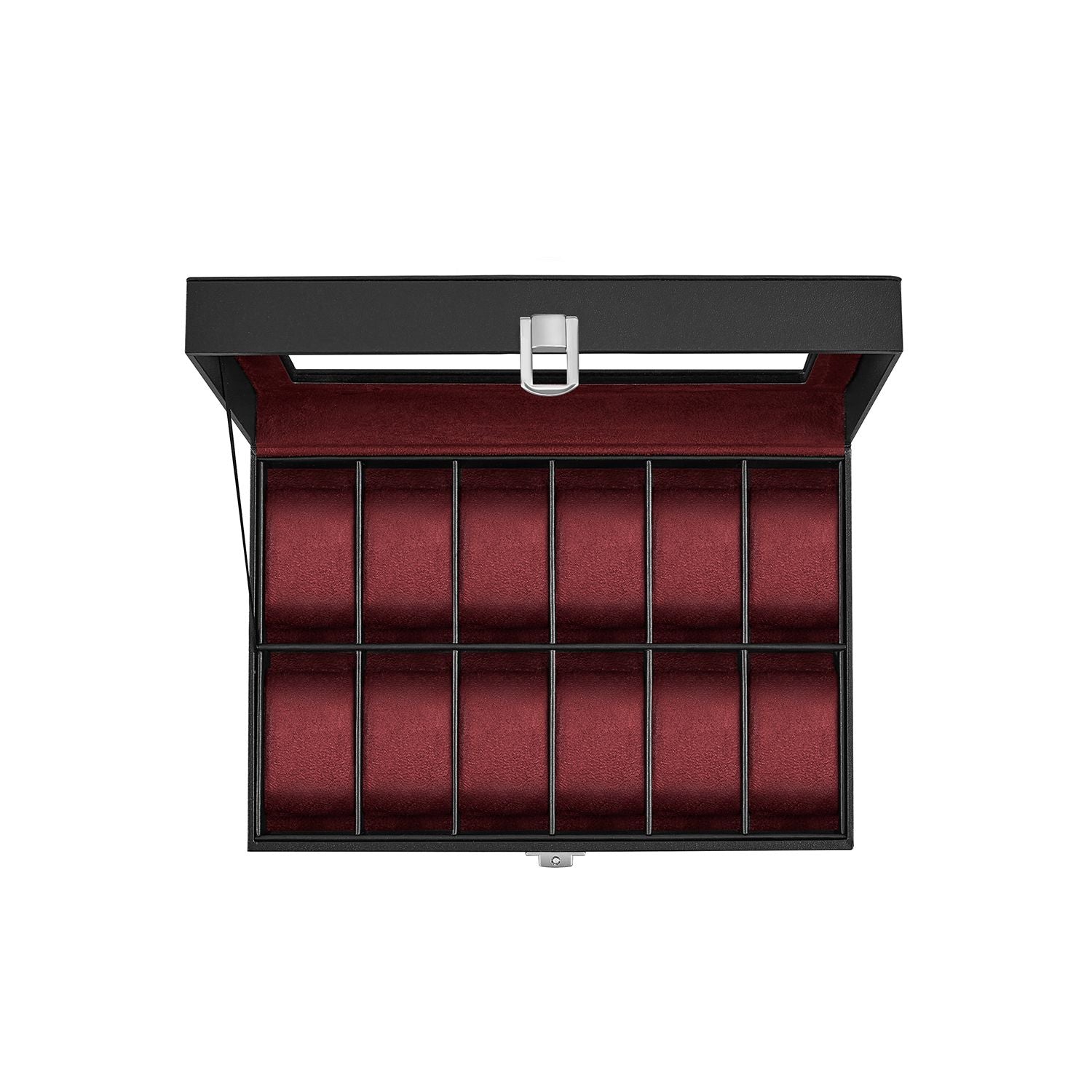 Watch Box – Faux Leather – Black – 12-Slot with Glass Lid and Removable Pillows