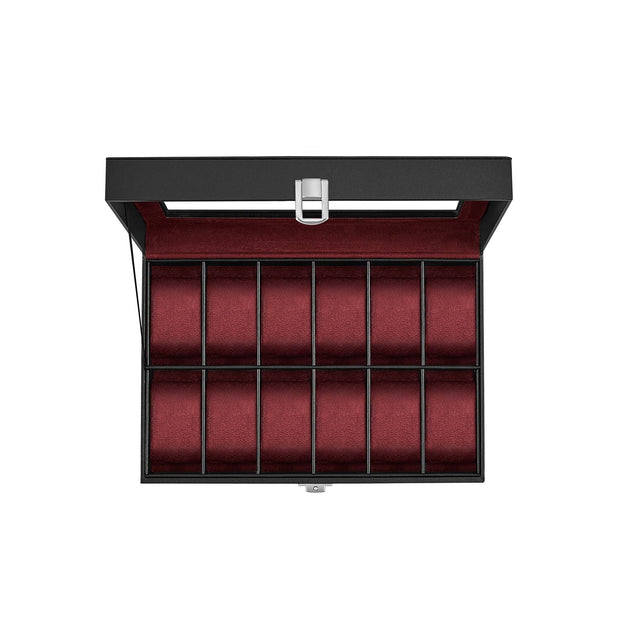 Watch Box – Faux Leather – Black – 12-Slot with Glass Lid and Removable Pillows