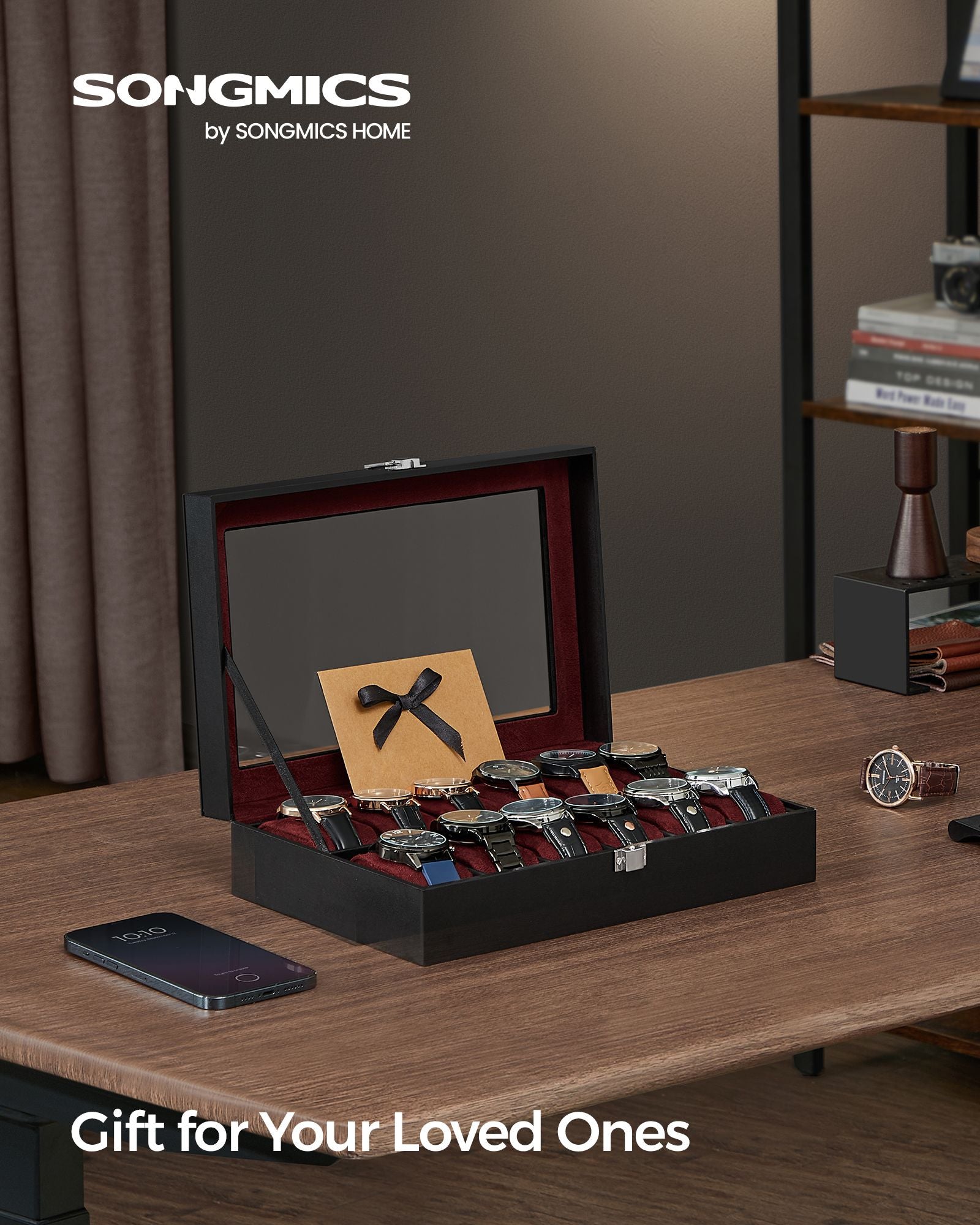 Watch Box – Faux Leather – Black – 12-Slot with Glass Lid and Removable Pillows