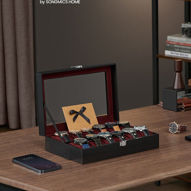 Watch Box – Faux Leather – Black – 12-Slot with Glass Lid and Removable Pillows