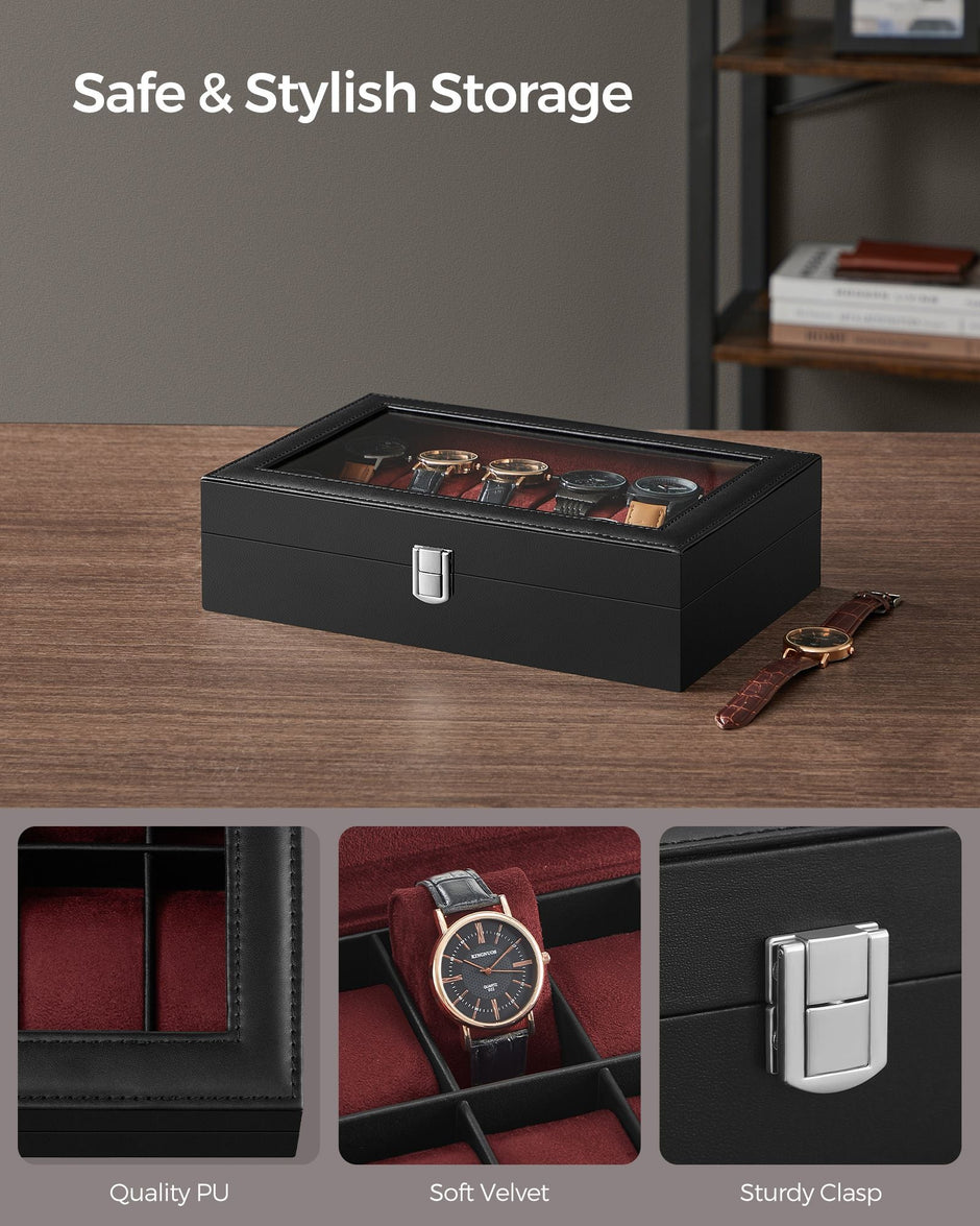 Watch Box – Faux Leather – Black – 12-Slot with Glass Lid and Removable Pillows