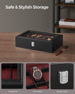Watch Box – Faux Leather – Black – 12-Slot with Glass Lid and Removable Pillows
