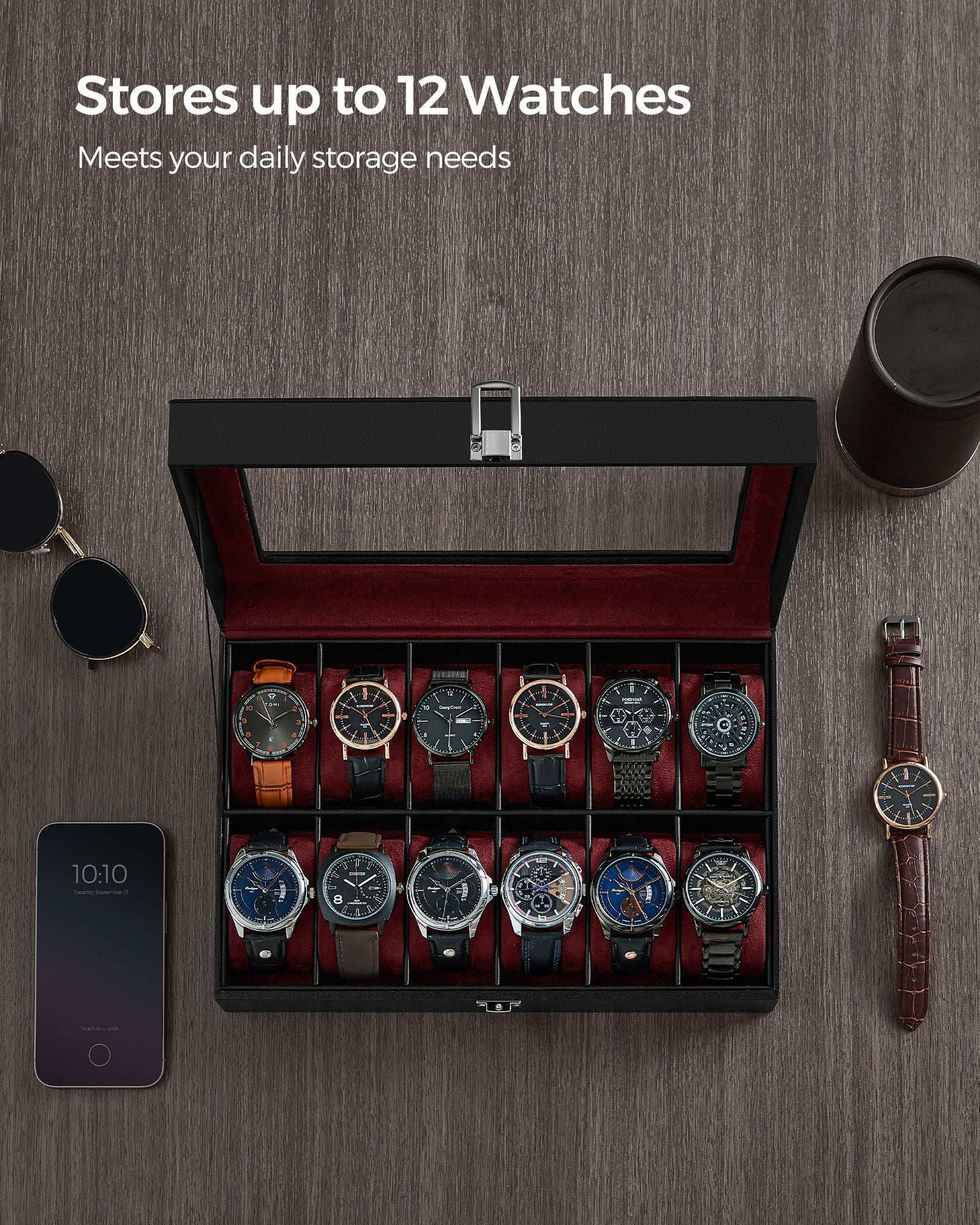 Watch Box – Faux Leather – Black – 12-Slot with Glass Lid and Removable Pillows