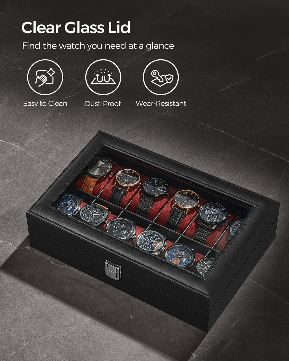 Watch Box – Faux Leather – Black – 12-Slot with Glass Lid and Removable Pillows