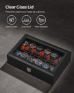 Watch Box – Faux Leather – Black – 12-Slot with Glass Lid and Removable Pillows