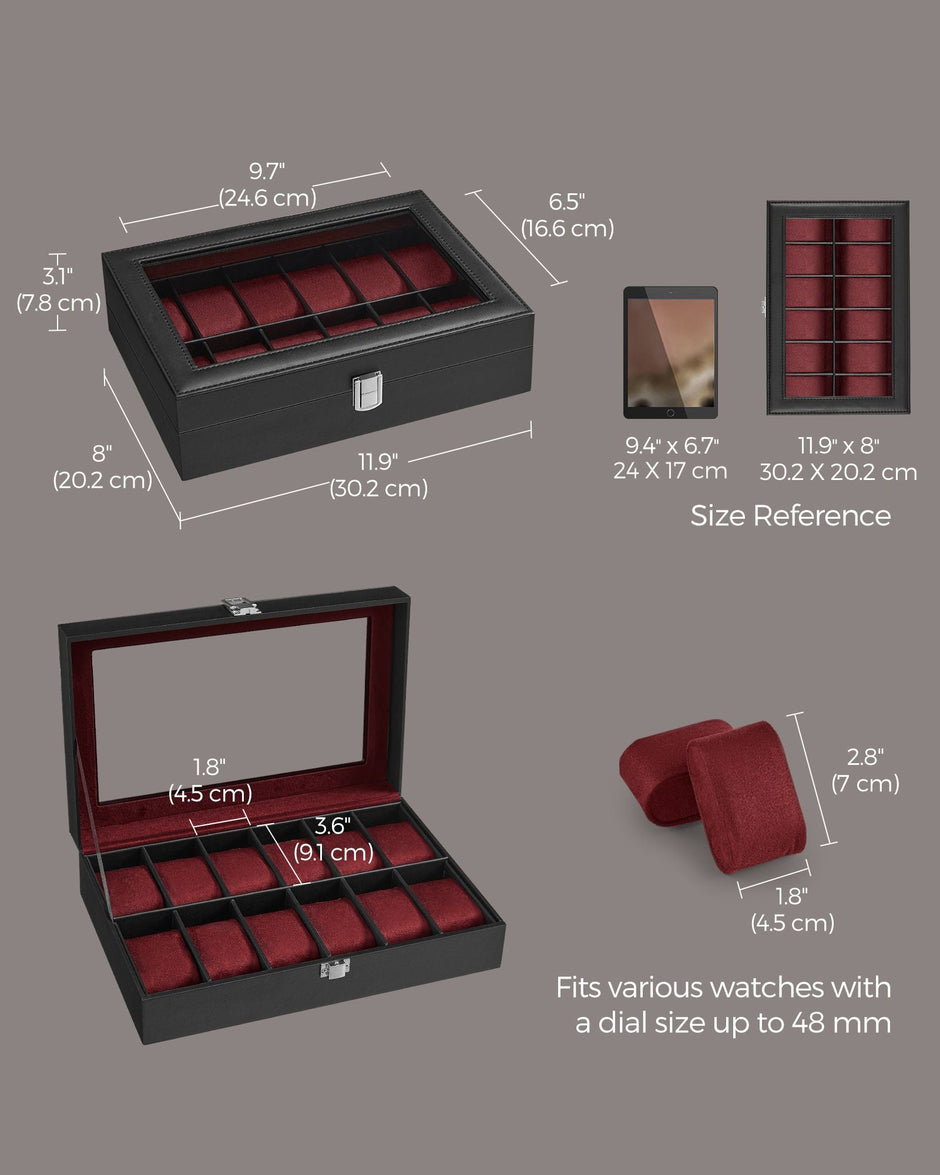 Watch Box – Faux Leather – Black – 12-Slot with Glass Lid and Removable Pillows