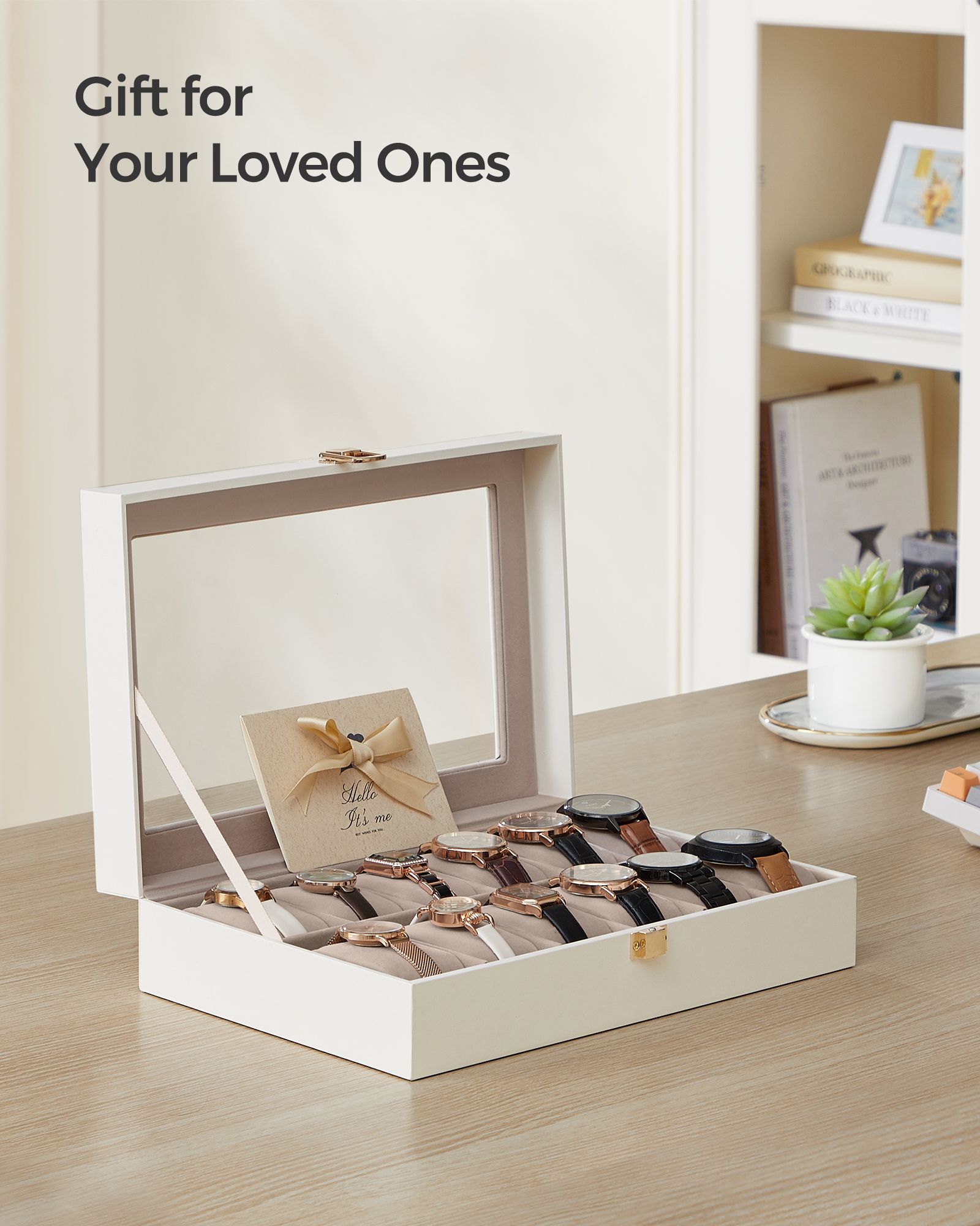 Watch Box – Faux Leather – Black – 12-Slot with Glass Lid and Removable Pillows