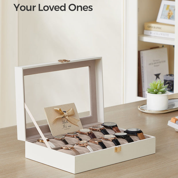 Watch Box – Faux Leather – Black – 12-Slot with Glass Lid and Removable Pillows