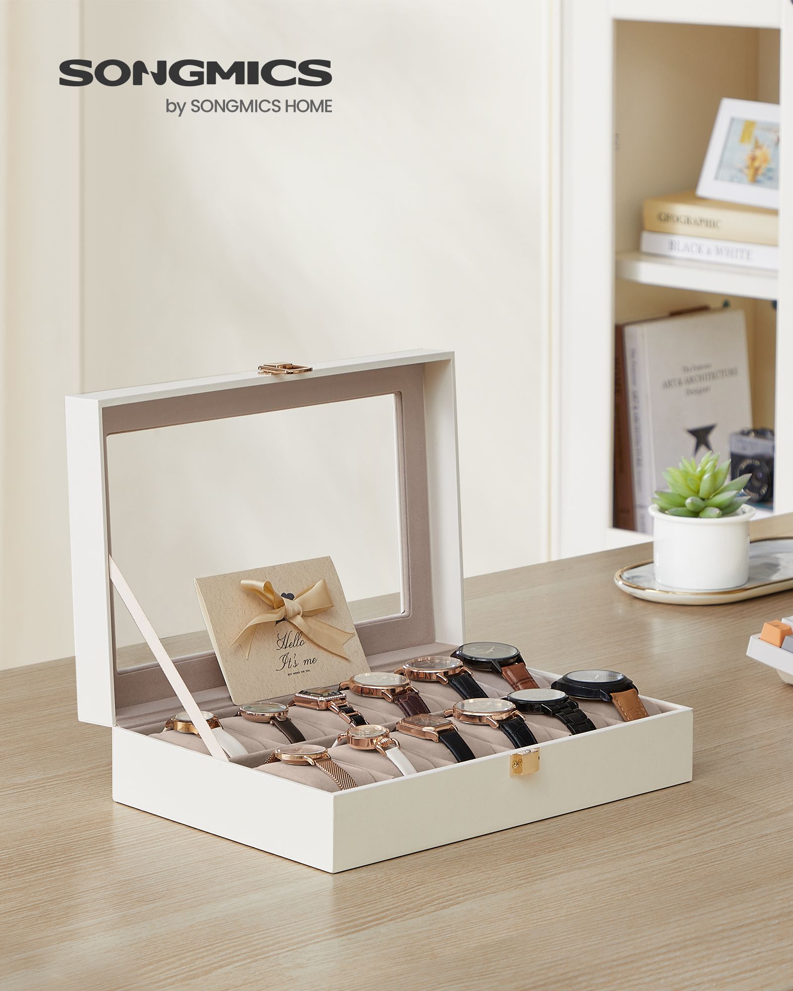 Watch Box – Faux Leather – Black – 12-Slot with Glass Lid and Removable Pillows
