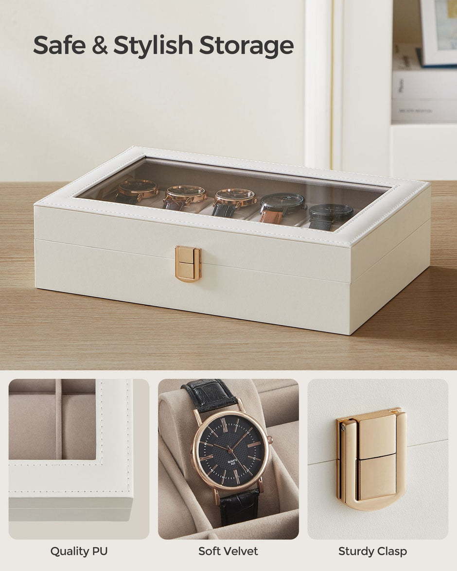 Watch Box – Faux Leather – Black – 12-Slot with Glass Lid and Removable Pillows