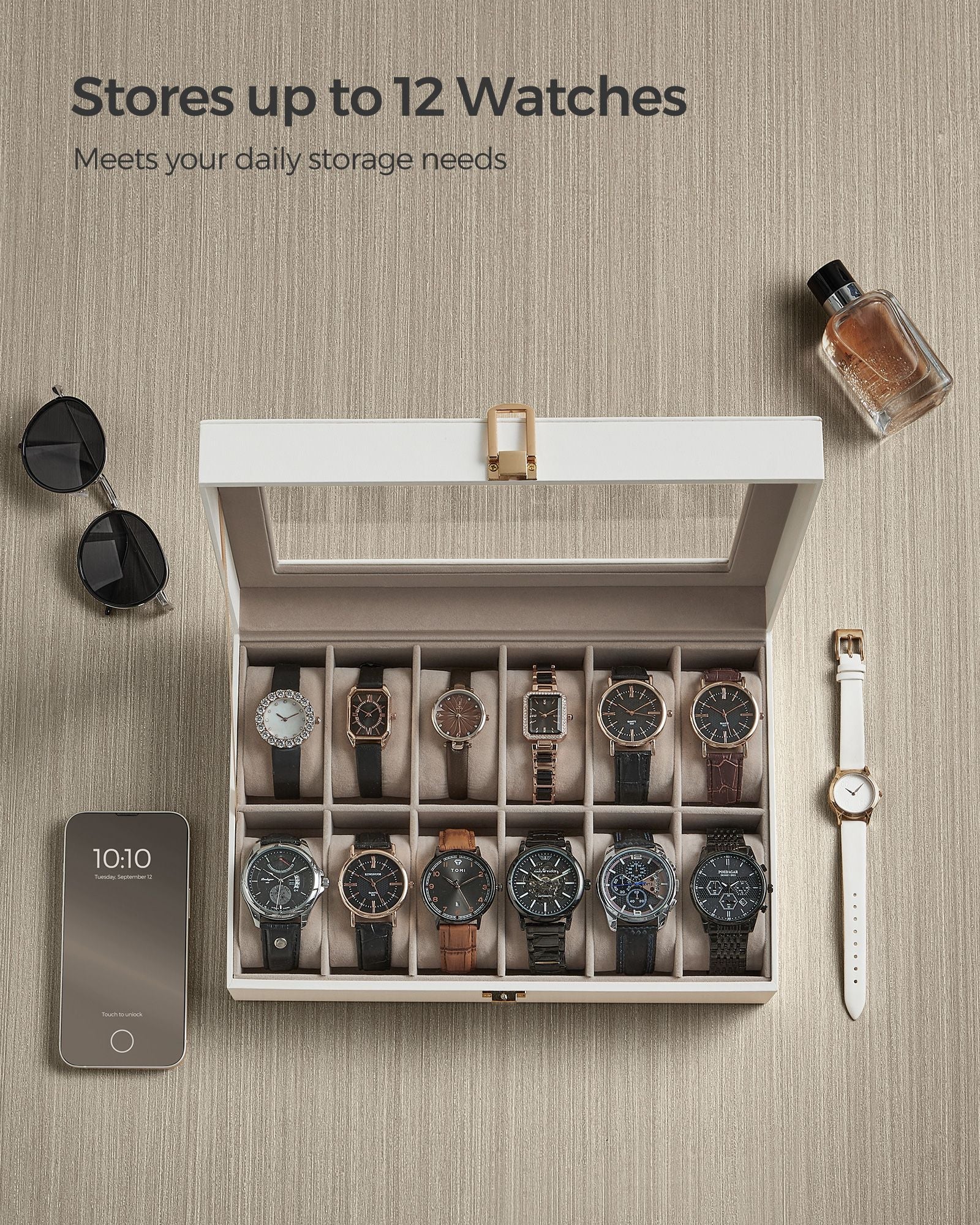 Watch Box – Faux Leather – Black – 12-Slot with Glass Lid and Removable Pillows