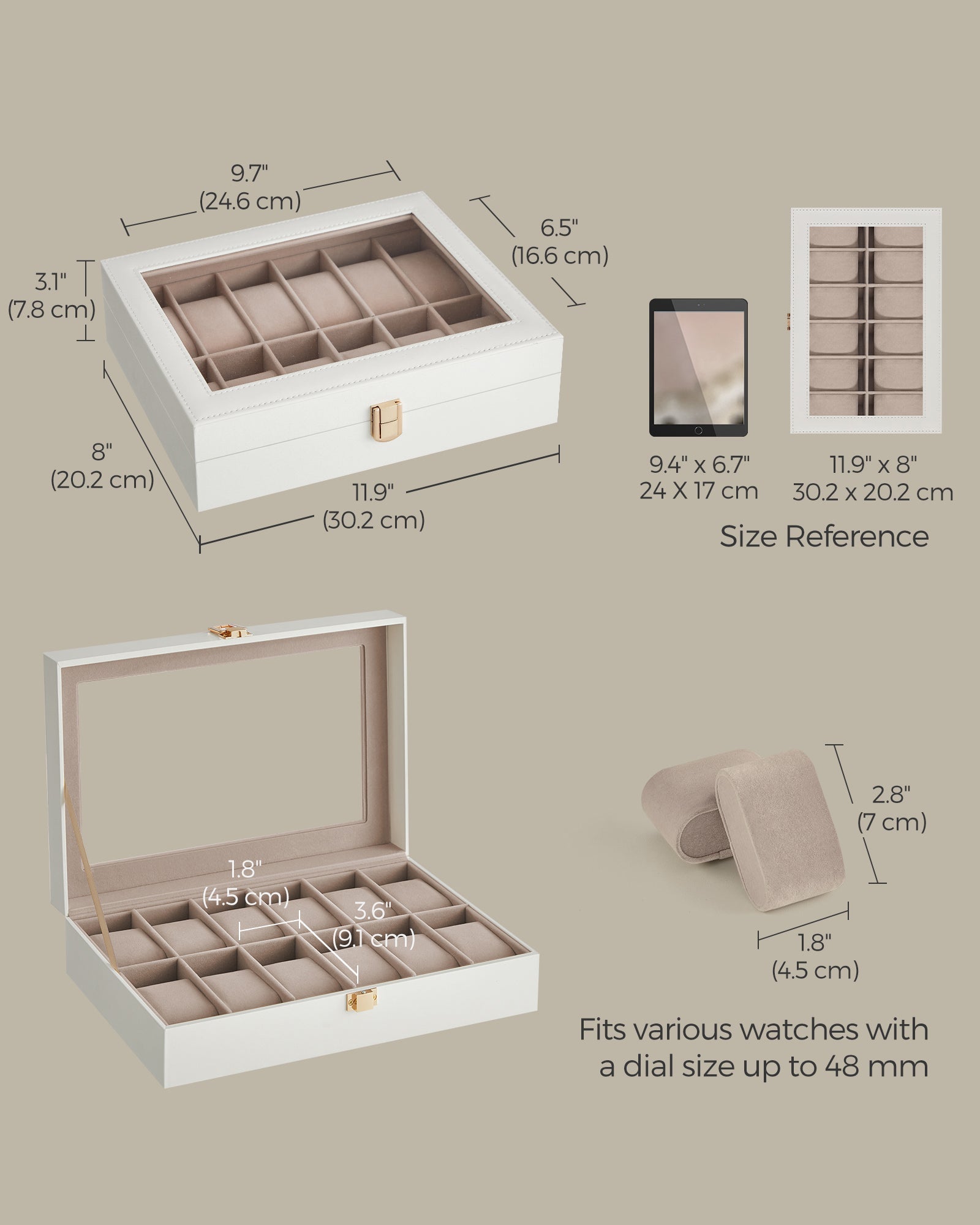 Watch Box – Faux Leather – Black – 12-Slot with Glass Lid and Removable Pillows
